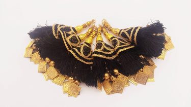 Black Tassels With Gold Beads, Beaded Tassels With Black and Gold Embroidery, Traditional Indian Latkan